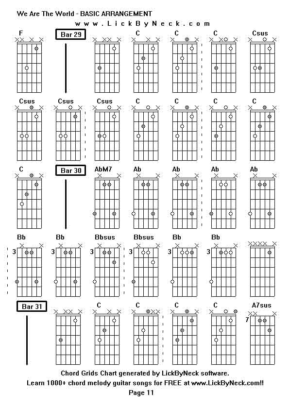 Chord Grids Chart of chord melody fingerstyle guitar song-We Are The World - BASIC ARRANGEMENT,generated by LickByNeck software.